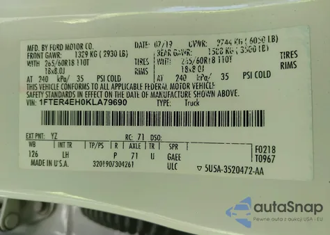 2019 Ford Ranger Xlt из США, поврежденный, VIN 1FTER4EH0KLA79690